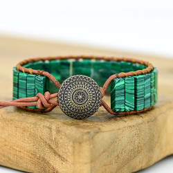 Natural Malachite Bar Bracelet, Handwoven Bohemian Gemstone Chain, Unisex Statement Piece