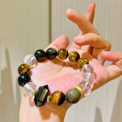 Designer Tiger's Eye Clear Quartz Black Obsidian Bracelet