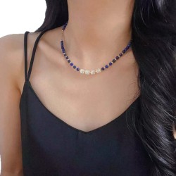 Vintage Oriental Natural Clear Quartz Lapis Lazuli Moonstone Necklace
