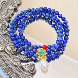 Designer Natural Lapis Lazuli Freshwater Pearl Multi-Wrap 4mm Bracelet