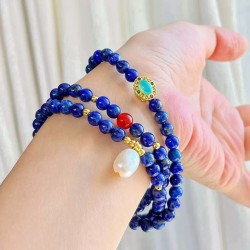 Designer Natural Lapis Lazuli Freshwater Pearl Multi-Wrap 4mm Bracelet