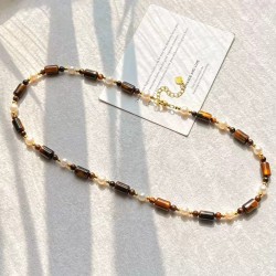 Vintage Premium Designer Natural Tiger's Eye Freshwater Pearl Necklace