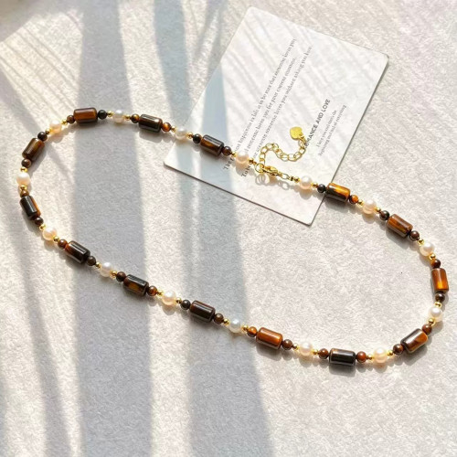 Vintage Premium Designer Natural Tiger's Eye Freshwater Pearl Necklace Vintage Premium Designer Natural Tiger's Eye Freshwater Pearl Necklace