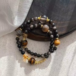 Vintage High Quality Natural Tiger's Eye Smoky Quartz Silver Obsidian Multi-Wrap Bracelet