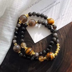 Vintage High Quality Natural Tiger's Eye Smoky Quartz Silver Obsidian Multi-Wrap Bracelet Vintage High Quality Natural Tiger's Eye Smoky Quartz Silver Obsidian Multi-Wrap Bracelet
