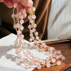 Rose Quartz Stardust Necklace, Fine Pink Crystal Beads Dusted Along the Chain, Everyday Commuter Style Rose Quartz Stardust Necklace, Fine Pink Crystal Beads Dusted Along the Chain, Everyday Commuter Style