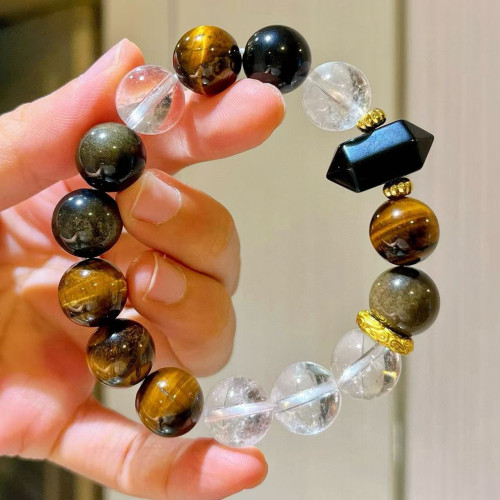 Designer Tiger's Eye Clear Quartz Black Obsidian Bracelet Designer Tiger's Eye Clear Quartz Black Obsidian Bracelet