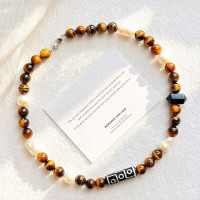 Maillard Tiger Eye & Baroque Pearl Choker Necklace, French Vintage Natural Gemstone Strand