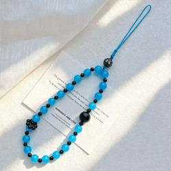 Natural Blue Chalcedony Black Onyx Beaded Phone Lanyard Strap Natural Blue Chalcedony Black Onyx Beaded Phone Lanyard Strap