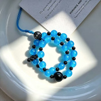 Natural Blue Chalcedony Black Onyx Beaded Phone Lanyard Strap