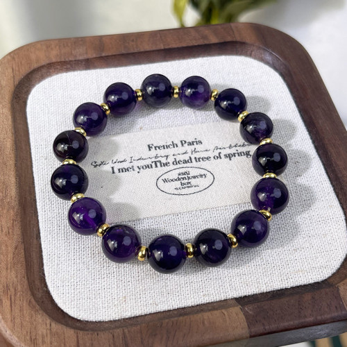 Natural Uruguayan Amethyst Bracelet, 10mm Beaded Strand, Minimal Everyday Crystal Jewelry for Women