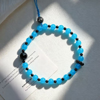 Natural Blue Chalcedony Black Onyx Beaded Phone Lanyard Strap