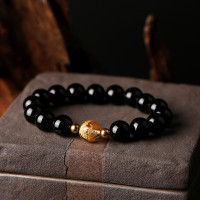 Black Obsidian & White Crystal Gold Dragon Bead Bracelet 10mm