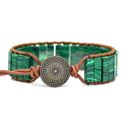 Natural Malachite Bar Bracelet, Handwoven Bohemian Gemstone Chain, Unisex Statement Piece