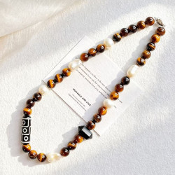 Maillard Tiger Eye & Baroque Pearl Choker Necklace, French Vintage Natural Gemstone Strand Maillard Tiger Eye & Baroque Pearl Choker Necklace, French Vintage Natural Gemstone Strand