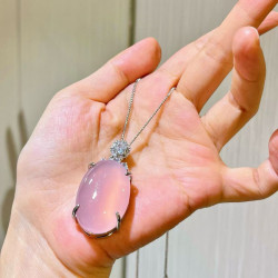 Natural Ice-Pink Chalcedony Oval Pendant Necklace, Minimalist Elegant Jewelry