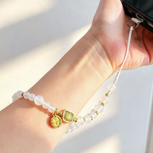 Natural White Chalcedony Beaded Phone Lanyard Strap Natural White Chalcedony Beaded Phone Lanyard Strap