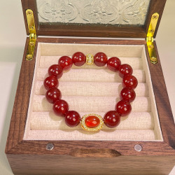 Natural Red Agate Bracelet, 12mm South-Red Tones Beaded Strand, Vintage Statement Jewelry for Women
