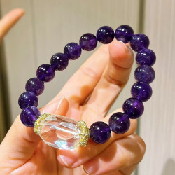Natural Amethyst & White Quartz Designer Bracelet, 10mm Grape-Purple Crystal Beaded Bracelet for Women Natural Amethyst & White Quartz Designer Bracelet, 10mm Grape-Purple Crystal Beaded Bracelet for Women