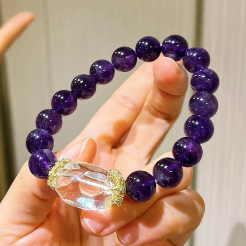 Natural Amethyst & White Quartz Designer Bracelet, 10mm Grape-Purple Crystal Beaded Bracelet for Women Natural Amethyst & White Quartz Designer Bracelet, 10mm Grape-Purple Crystal Beaded Bracelet for Women
