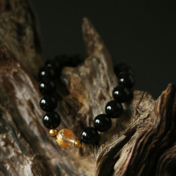 Black Obsidian & White Crystal Gold Dragon Bead Bracelet 10mm