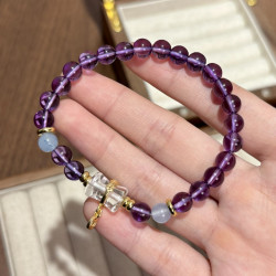 Amethyst Aquamarine & Clear Quartz Bracelet, 6mm Triple-Stone Single Loop Hand-Strung for Women