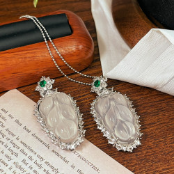 Natural White Chalcedony Agate Leaf Pendant Necklace, Vintage Botanical Jewelry