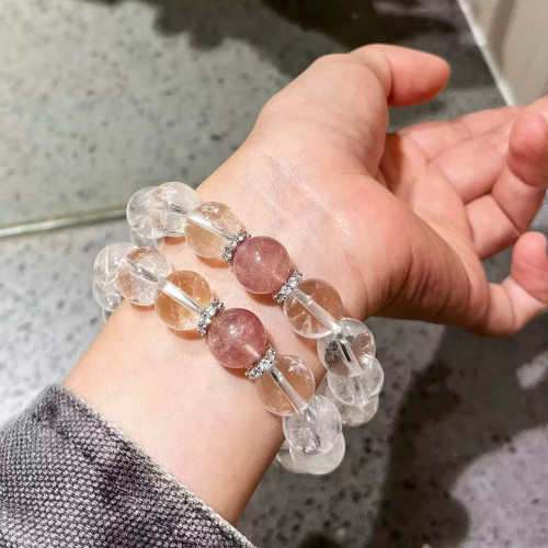 Designer Natural Clear Quartz Strawberry Quartz Large Bead 12mm Bracelet Designer Natural Clear Quartz Strawberry Quartz Large Bead 12mm Bracelet