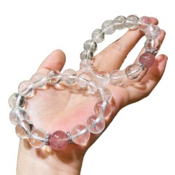 Designer Natural Clear Quartz Strawberry Quartz Large Bead 12mm Bracelet Designer Natural Clear Quartz Strawberry Quartz Large Bead 12mm Bracelet