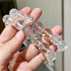 Designer Natural Clear Quartz Strawberry Quartz Large Bead 12mm Bracelet Designer Natural Clear Quartz Strawberry Quartz Large Bead 12mm Bracelet