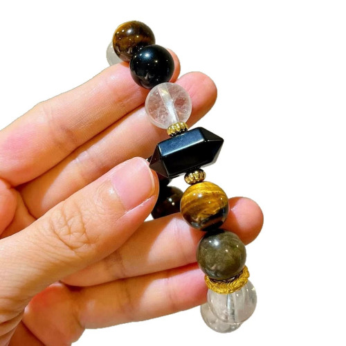 Designer Natural Clear Quartz Black Obsidian Tiger's Eye 12mm Bracelet Designer Natural Clear Quartz Black Obsidian Tiger's Eye 12mm Bracelet
