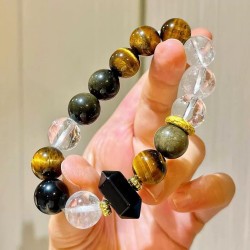 Designer Natural Clear Quartz Black Obsidian Tiger's Eye 12mm Bracelet Designer Natural Clear Quartz Black Obsidian Tiger's Eye 12mm Bracelet