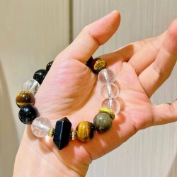 Designer Natural Clear Quartz Black Obsidian Tiger's Eye 12mm Bracelet Designer Natural Clear Quartz Black Obsidian Tiger's Eye 12mm Bracelet