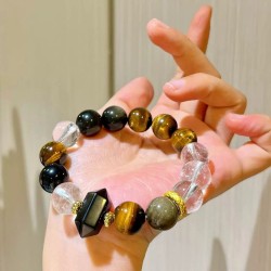 Designer Natural Clear Quartz Black Obsidian Tiger's Eye 12mm Bracelet Designer Natural Clear Quartz Black Obsidian Tiger's Eye 12mm Bracelet