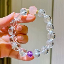 Designer Natural Rose Quartz Amethyst Clear Quartz 12mm Bracelet