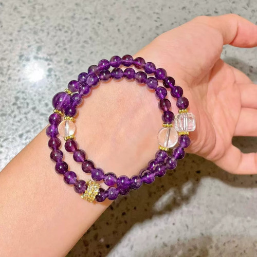 Vintage Designer Natural Amethyst Clear Quartz Multi-Wrap Bracelet