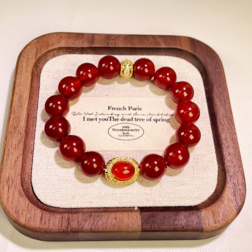 Natural Red Agate Bracelet, 12mm South-Red Tones Beaded Strand, Vintage Statement Jewelry for Women