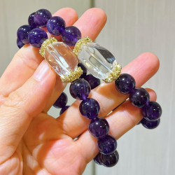 Natural Amethyst & White Quartz Designer Bracelet, 10mm Grape-Purple Crystal Beaded Bracelet for Women Natural Amethyst & White Quartz Designer Bracelet, 10mm Grape-Purple Crystal Beaded Bracelet for Women