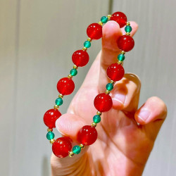 Carnelian & Green Chalcedony Bracelet, Two-Tone Natural Gemstone Strand, Vintage Handcrafted