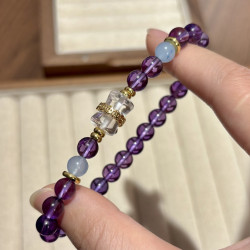 Amethyst Aquamarine & Clear Quartz Bracelet, 6mm Triple-Stone Single Loop Hand-Strung for Women