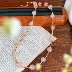 Rose Quartz Stardust Necklace, Fine Pink Crystal Beads Dusted Along the Chain, Everyday Commuter Style Rose Quartz Stardust Necklace, Fine Pink Crystal Beads Dusted Along the Chain, Everyday Commuter Style