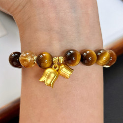 Natural Tiger Eye Citrine Beaded Bracelet Warm Brown