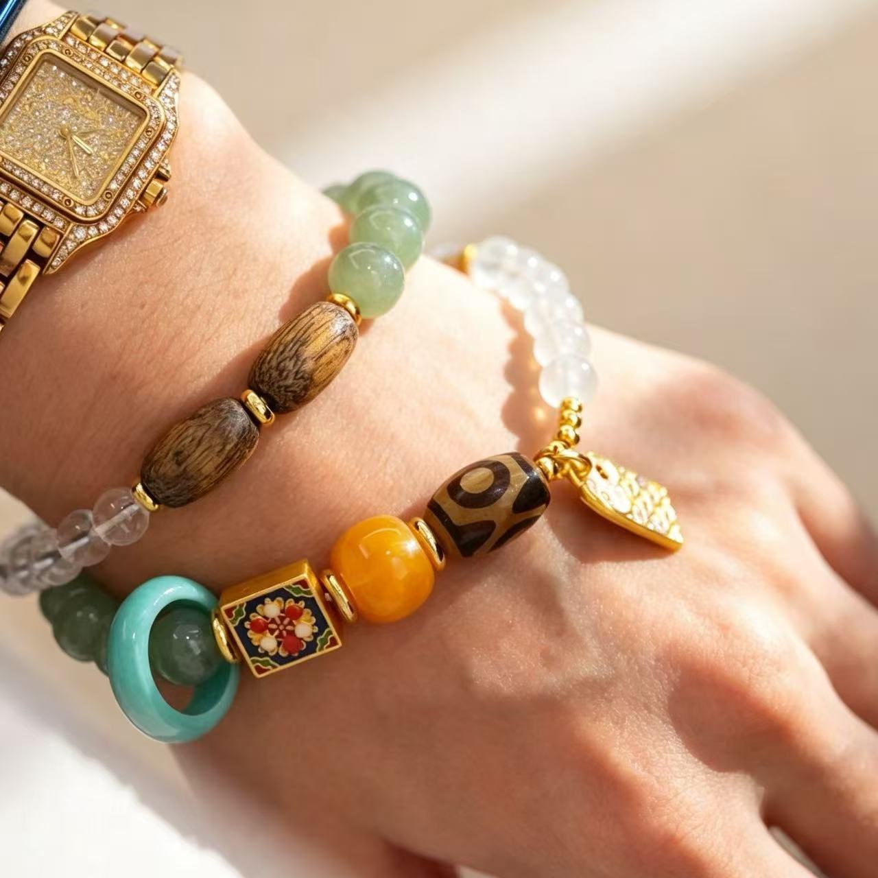 Vintage Designer Artistic Natural Clear Quartz Green Aventurine Jade Bracelet