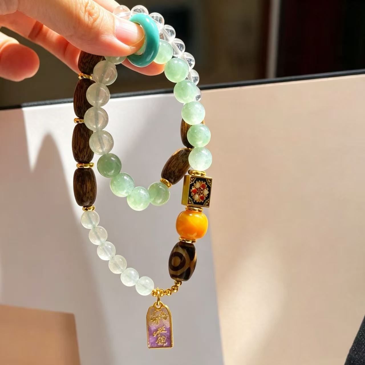 Vintage Designer Artistic Natural Clear Quartz Green Aventurine Jade Bracelet