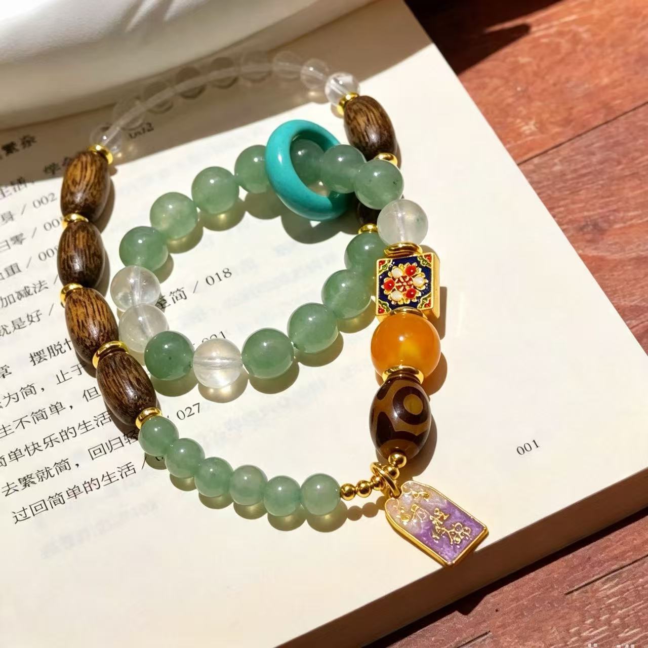 Vintage Designer Artistic Natural Clear Quartz Green Aventurine Jade Bracelet