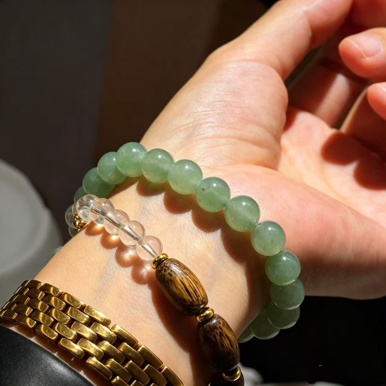 Vintage Designer Artistic Natural Clear Quartz Green Aventurine Jade Bracelet