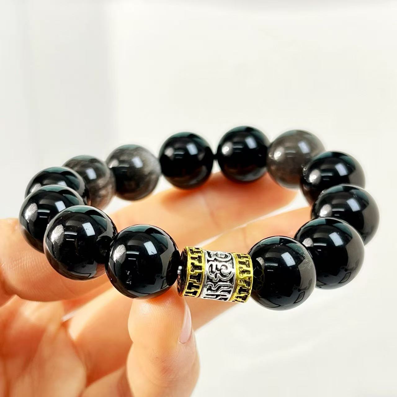 Designer Natural Silver Obsidian Large Bead 14mm Bracelet