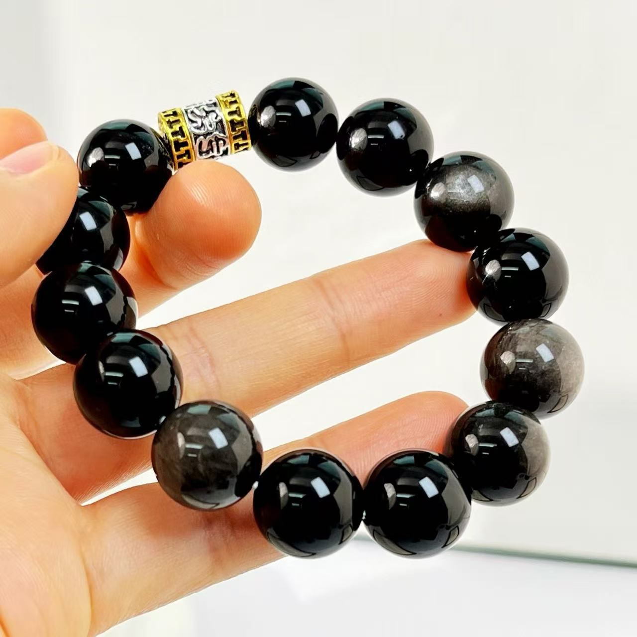 Designer Natural Silver Obsidian Large Bead 14mm Bracelet