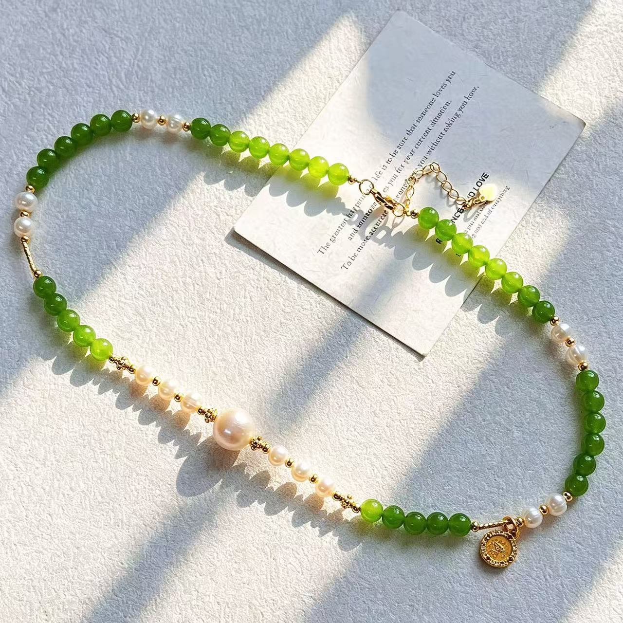 Vintage Designer Natural Jade Freshwater Pearl Necklace