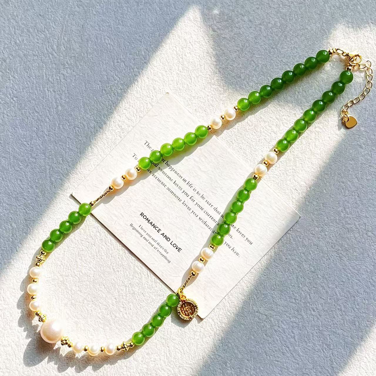 Vintage Designer Natural Jade Freshwater Pearl Necklace